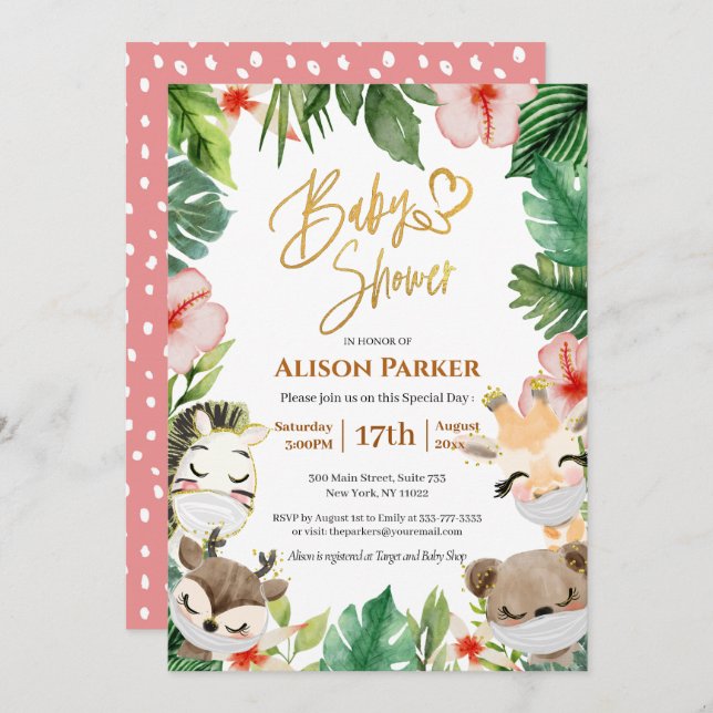 Cute Safari Pink Floral Greenery Baby Shower Invitation (Front/Back)
