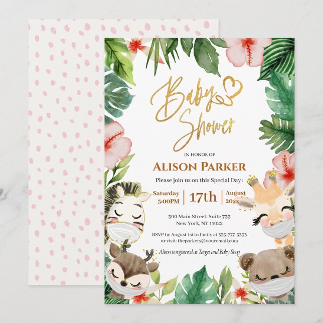 Cute Safari Pink Floral Greenery Baby Shower Invitation (Front/Back)