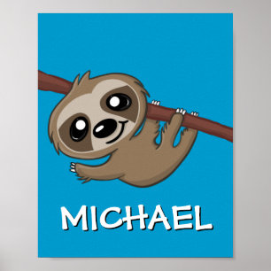 Cute Safari Sloth Cartoon Jungle Name Blue Zoo Poster