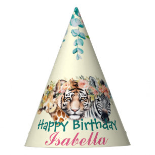 cute safari tiger animals jungle Floral Birthday Party Hat