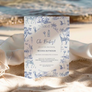 Cute Safari Toile de Jouy Blue Baby Shower Invitation