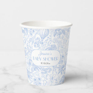 Cute Safari Toile de Jouy Blue Baby Shower Paper Cups