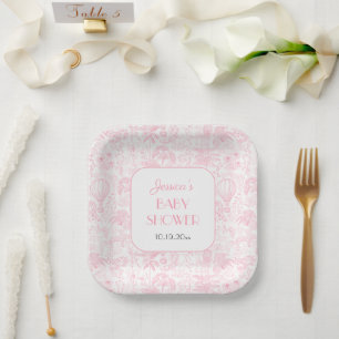Cute Safari Toile de Jouy Pink Baby Shower Paper Plate