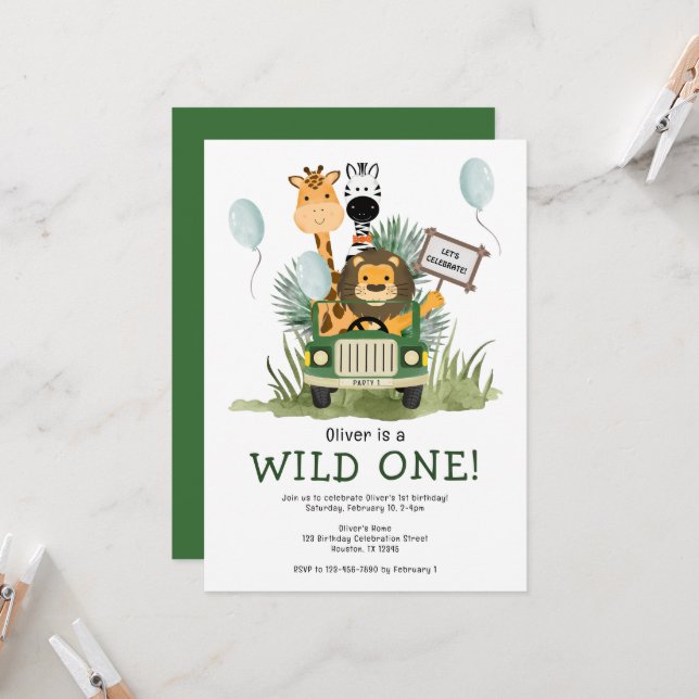 Cute Safari Wild One 1st Birthday Party Invitation (Front/Back In Situ)