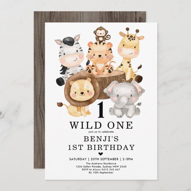 Cute Safari Wild One 1st Birthday Party Invitation (Front/Back)