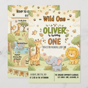 Cute Safari Wild One Baby Birthday Invitation