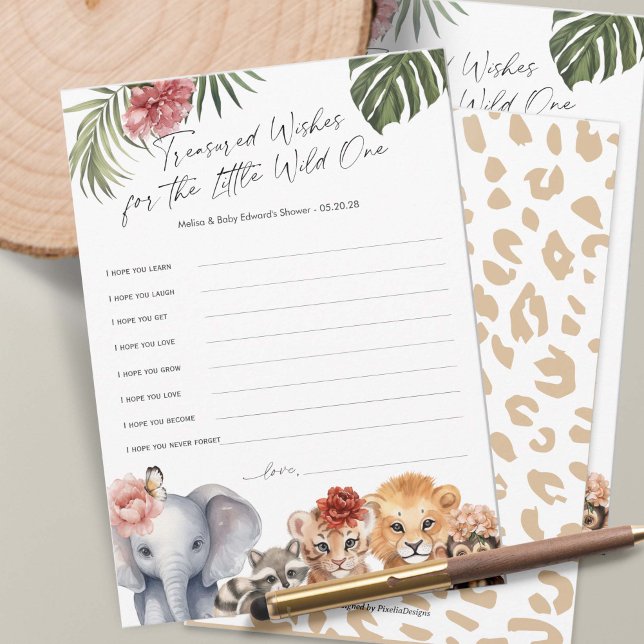 Cute Safari Wild One Baby Girl Wishes Card (Baby Girl Shower wishes for baby game, Wild One Safari Animals Themed Baby Shower.)