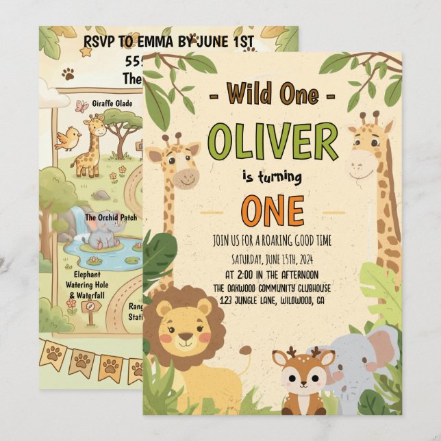 Cute Safari Wild One First Birthday Invitation (Front/Back)