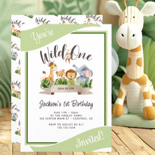 Cute Safari Wild One Green Birthday Invitation
