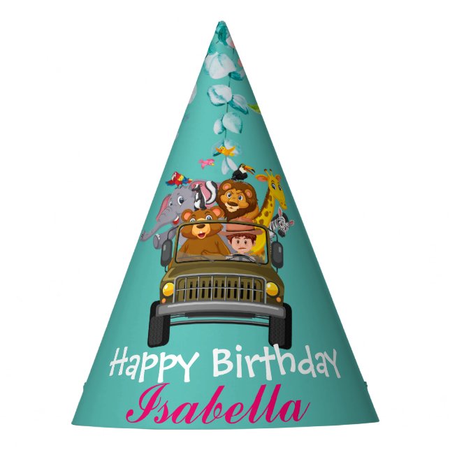 cute safari zoo animals jungle Floral Birthday Party Hat (Front)