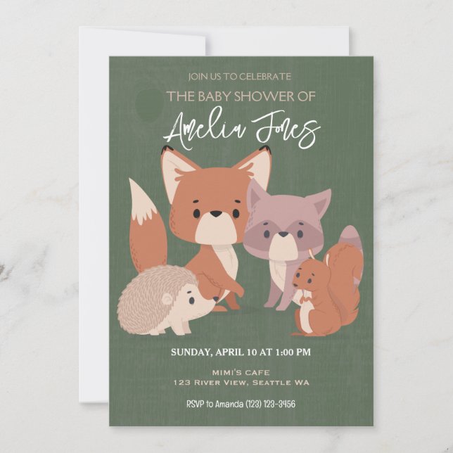 Cute Sage Animals Woodland Fox Baby Shower Invitation (Front)