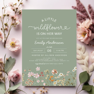 Cute Sage Green A Little Wildflower Baby Shower Invitation