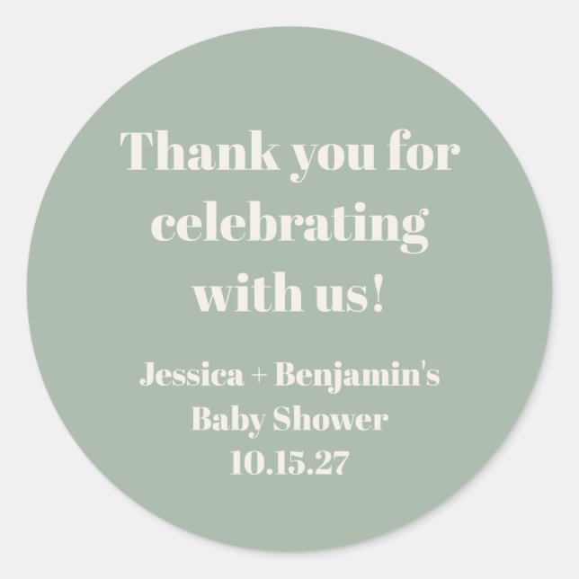Cute Sage Green Baby Shower Custom Thank You Classic Round Sticker (Front)