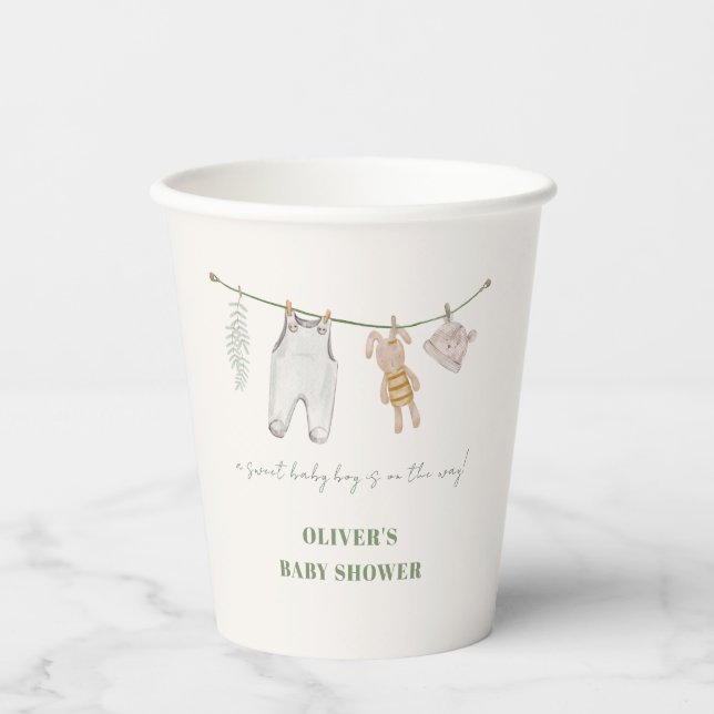 Cute Sage Green Boho Boy Clothes Baby Shower  Paper Cups (Front)