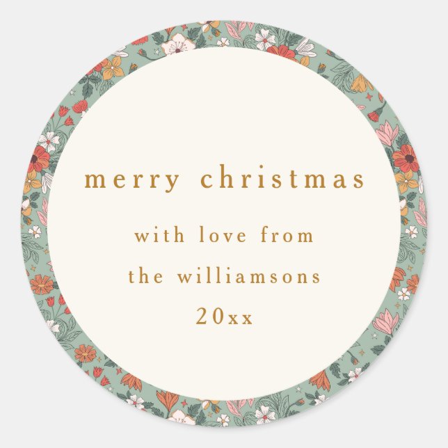 Cute Sage Green Botanical Custom Merry Christmas Classic Round Sticker (Front)