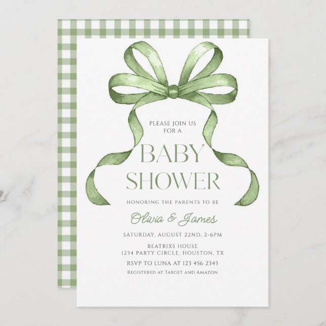 Cute sage green Bow Gingham Baby Shower Invitation (Front/Back)
