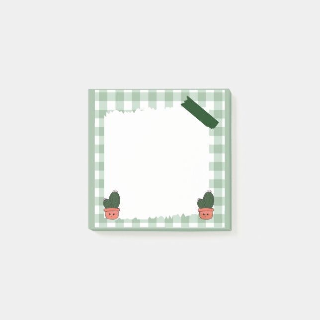Cute Sage Green Cactus Gingham Blank Notepad (Front)