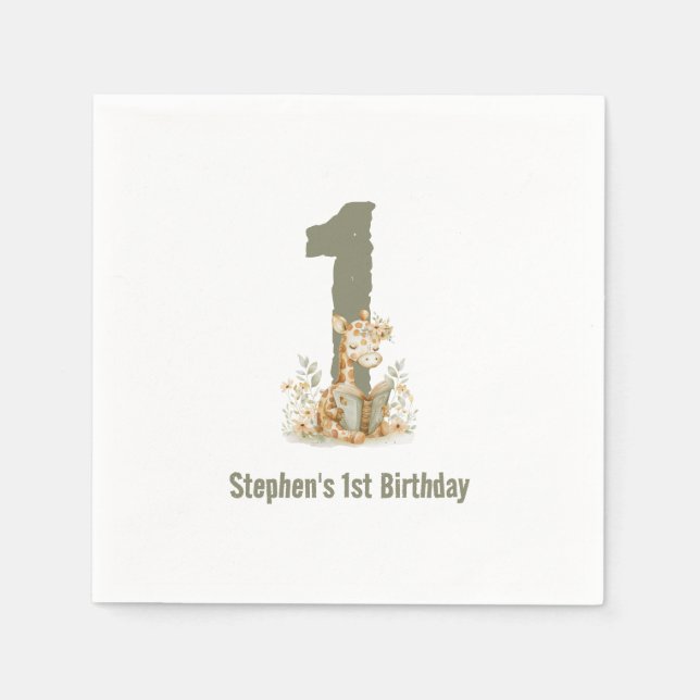  Cute Sage Green Giraffe 1st Birthday Party  Napkin (Front)