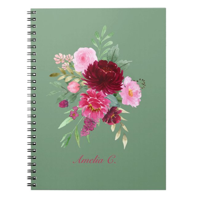 Cute Sage Green Girly Floral Notebook (Front)