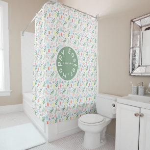 Cute Sage Green Hoppy Easter Egg Bunny Pattern Shower Curtain