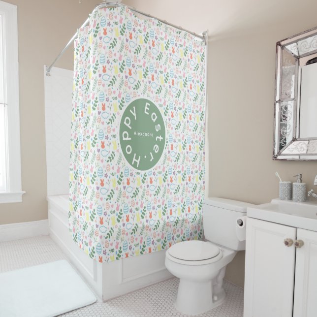 Cute Sage Green Hoppy Easter Egg Bunny Pattern Shower Curtain (In Situ)