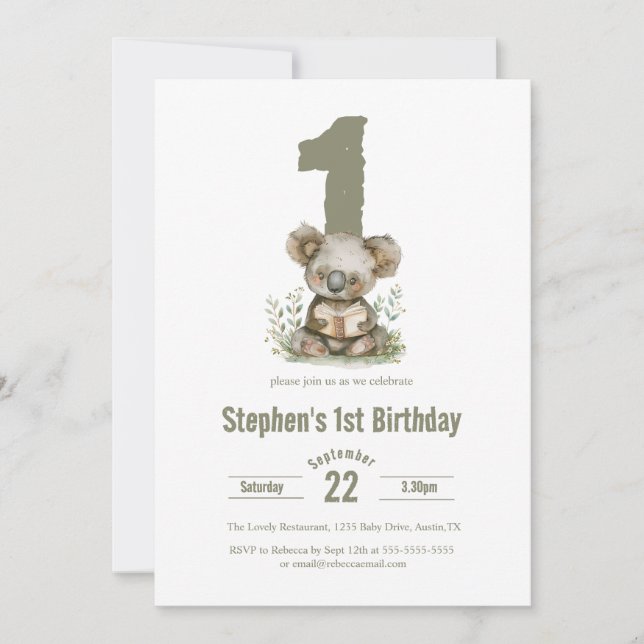  Cute Sage Green Koala Bear 1st Birthday Party  Invitation (Front)