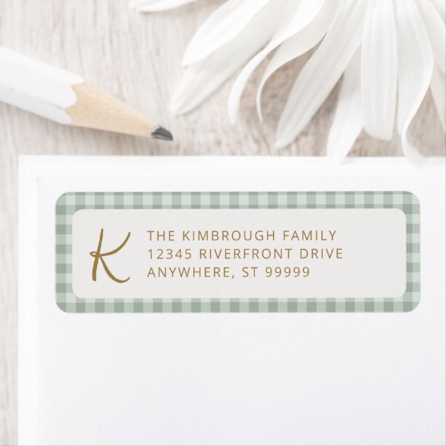 Cute Sage Green Monogram Gingham Plaid Return Address Label (Insitu)
