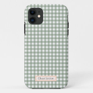 Cute Sage Green Plaid Personalised  iPhone 11 Case