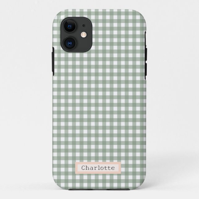 Cute Sage Green Plaid Personalised  Case-Mate iPhone Case (Back)
