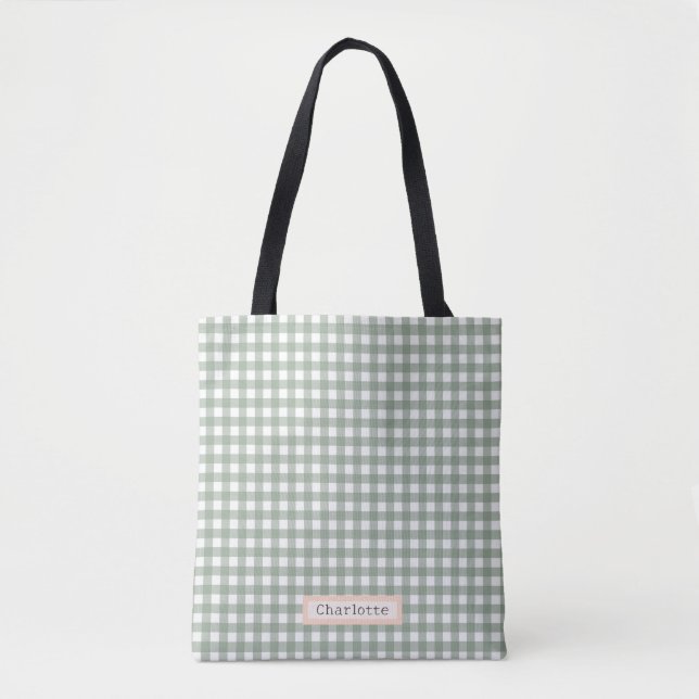 Cute Sage Green Plaid Personalised  Tote Bag (Front)