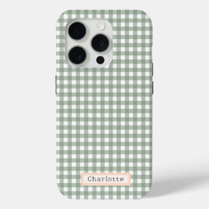 Cute Sage Green Plaid Personalized  iPhone 15 Pro Case