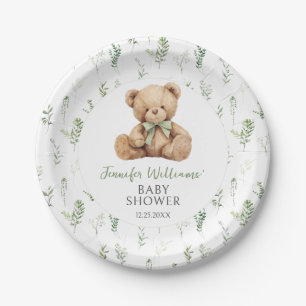 Cute Sage Green Teddy Bear Bow Baby Boy Shower Paper Plate