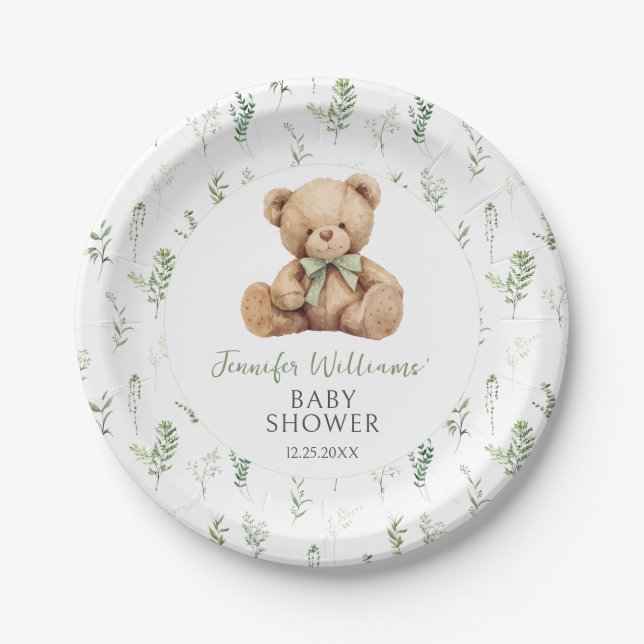 Cute Sage Green Teddy Bear Bow Baby Boy Shower Paper Plate (Front)
