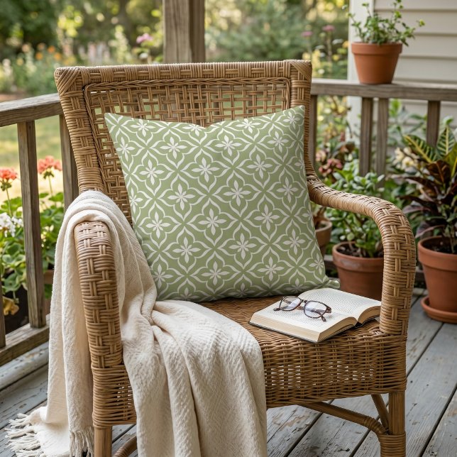 Cute Sage Green White Chic Retro Arabic Pattern Cushion (Creator Uploaded)