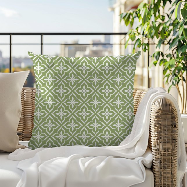 Cute Sage Green White Chic Retro Arabic Pattern Cushion (Creator Uploaded)