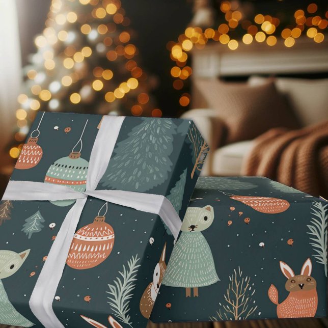 Cute Sage Green Winter Woodland Foxes Christmas  Wrapping Paper (Creator Uploaded)