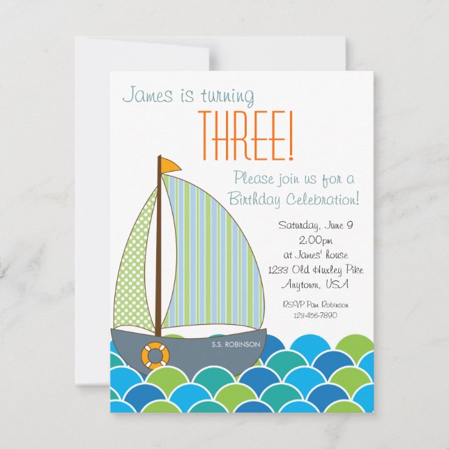 Cute Sailboat Birthday Invitation - Boy (Front)
