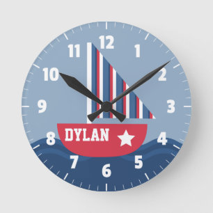 Cute Sailboat Nautical For Kids Room Round Clock