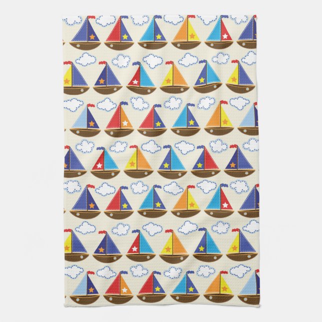 Cute Sailboat Pattern 2 Tea Towel (Vertical)