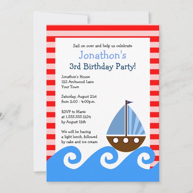 Cute Sailboat Red and Blue Birthday Invite 5x7 (Front)