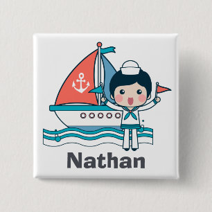 Cute Sailor and Boat Personalised 15 Cm Square Badge