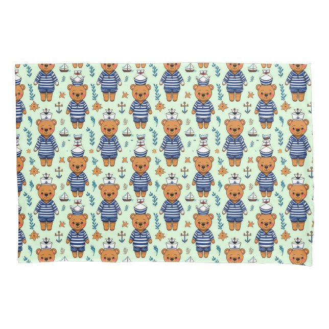 Cute Sailor Bear Pattern With Navy Stripes Pillowcase (Front)