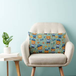 Cute Sailor Bear Pattern With Ocean Theme Lumbar Cushion