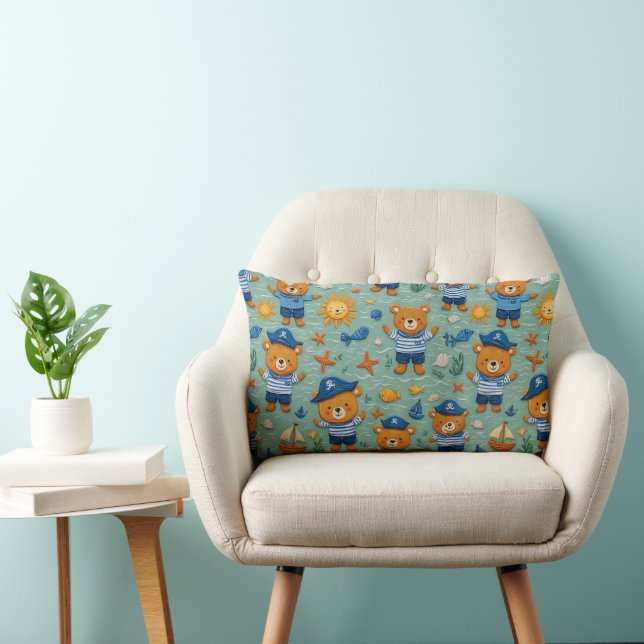 Cute Sailor Bear Pattern With Ocean Theme Lumbar Cushion (Chair)