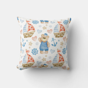 Cute sailor bear with sailboats Throw Pillow