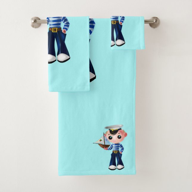 Cute Sailor Boy Blue Bath Towels - Customisable (Insitu)