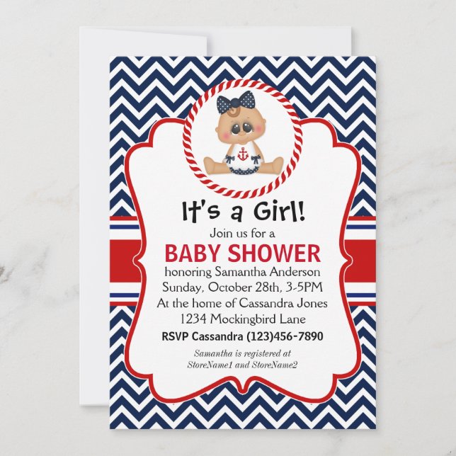 Cute Sailor Girl Nautical Baby Shower Invitation (Front)