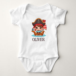 Cute Sailor Pirate Kid and Pirate Ship Baby Bodysuit