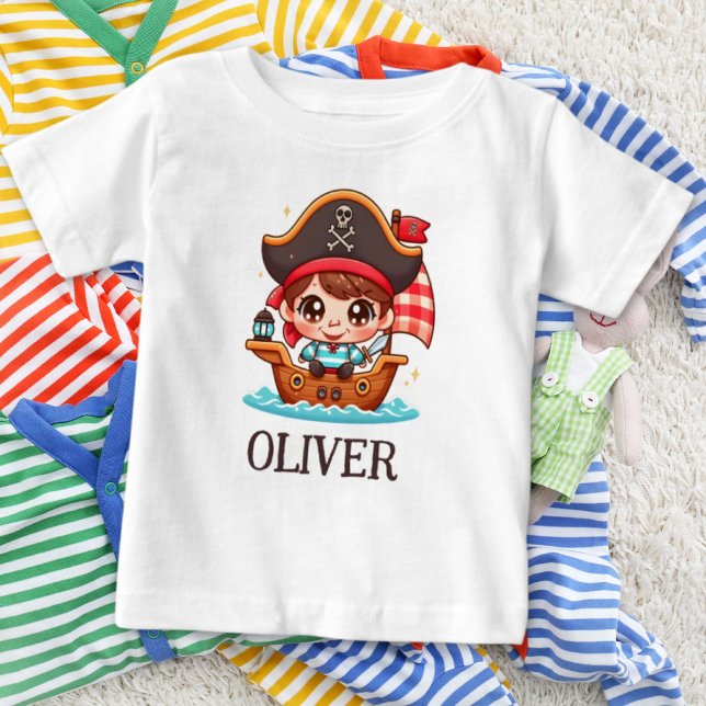 Cute Sailor Pirate Kid and Pirate Ship Baby T-Shirt (Creator Uploaded)