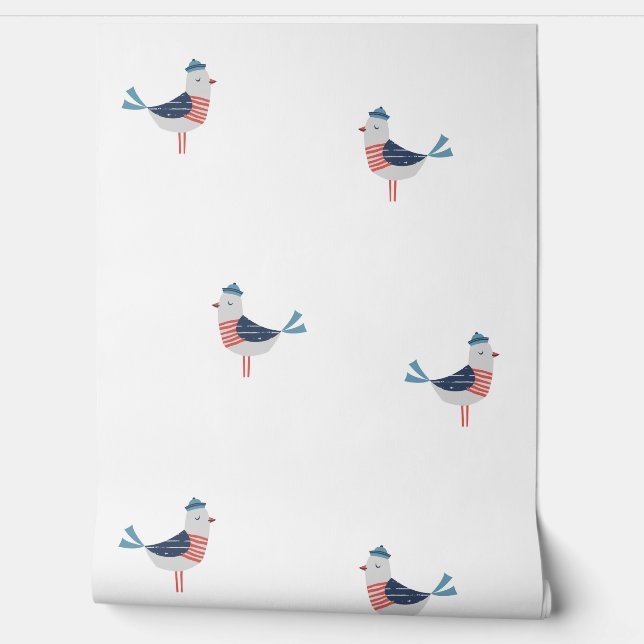Cute Sailor Seagulls on white Wallpaper (Unrolling)